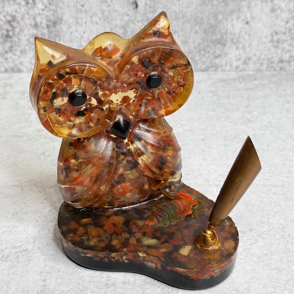 Vintage The Ozarks Vomit Owl Pen Holder Resin Crushed Rock Inlay MCM Decor